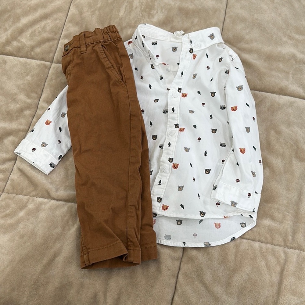 H&M little boy dress shirt and pants. Size 9-12m. White and brown color.